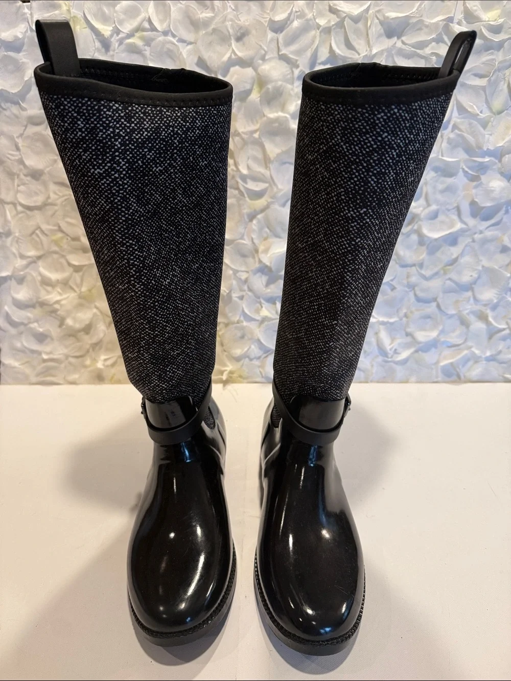 Michael Kors Black Glossy Foot and Textured Gray-Black Shaft Tall Rain Boots